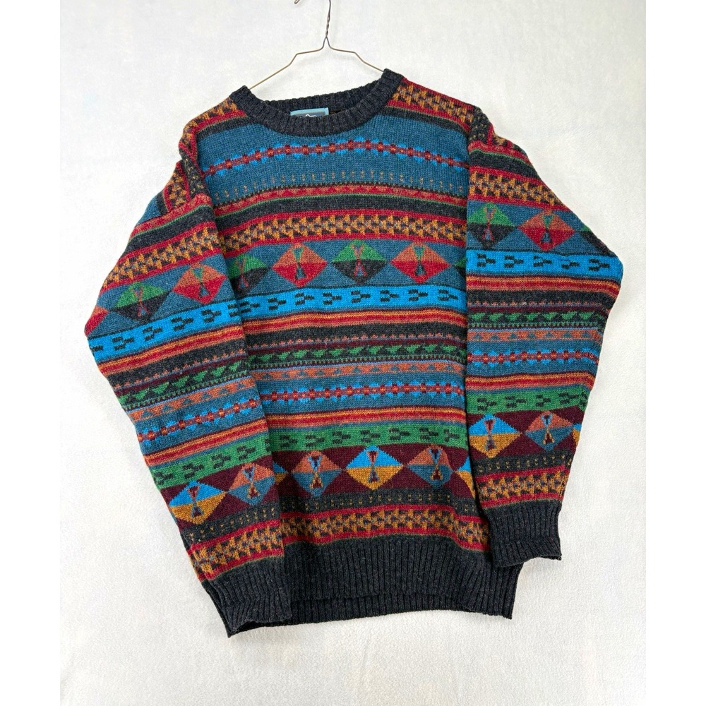 Woolrich 100% Wool Knit Crewneck Pullover Sweater Multicolor Geometric Men's M